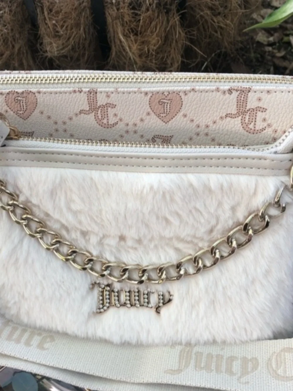 Juicy Couture Cream Faux Fur and Logo Crossbody with Gold Chain - Picture 2 of 9